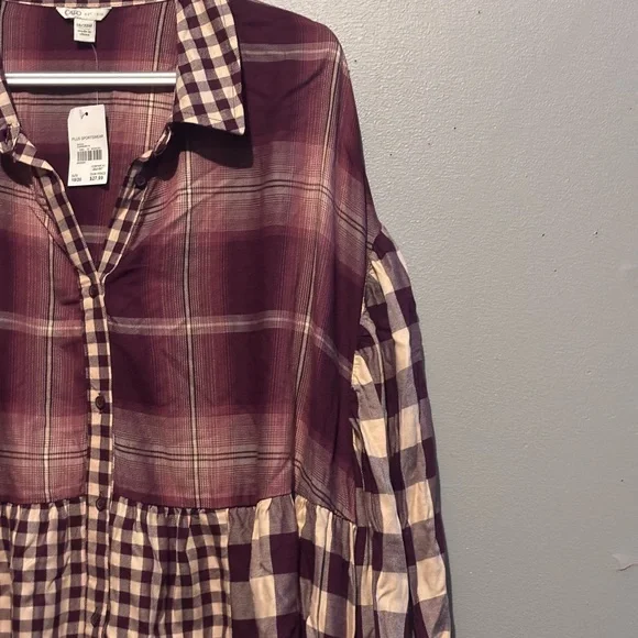 NWT Plaid Cato Baby Doll Drop Sleeve Blouse - Picture 2 of 9